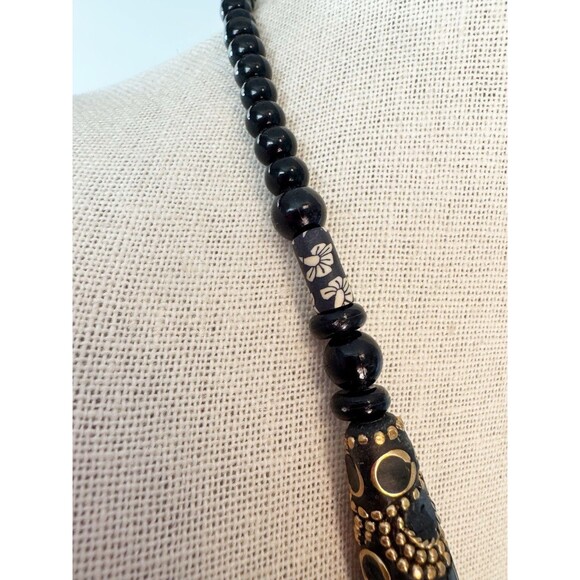 Vintage Brass Inlay Black Chunky Bohemian Necklace Large Pendant Tribal Ethnic - Picture 12 of 13